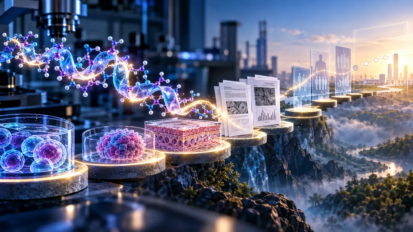 A peptide research pathway progressing from molecular and tissue models toward an unfinished human clinical evidence horizon