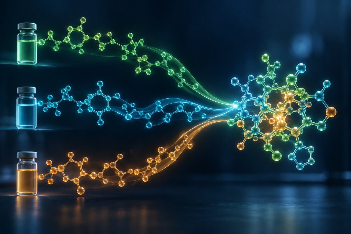 Combined Research Pathways Three peptide molecular pathways converging from separate research vials