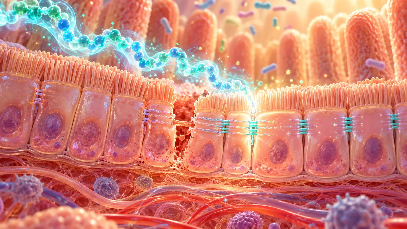 Detailed intestinal epithelial cells restoring a damaged barrier as a luminous peptide passes across the tissue surface