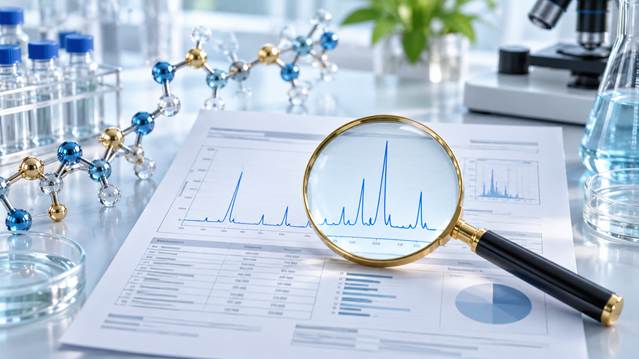 Magnifying glass examining a chromatogram on a laboratory certificate of analysis