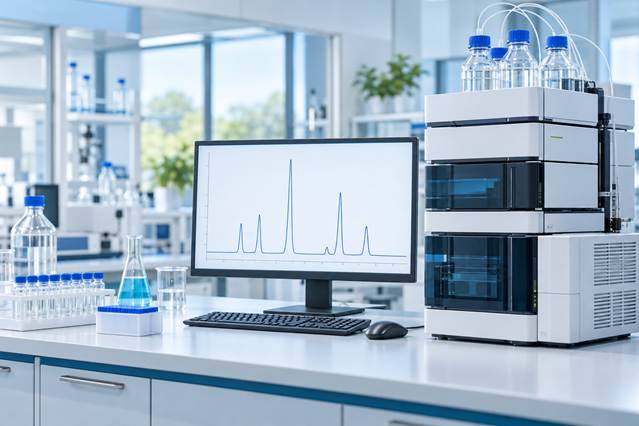 HPLC laboratory instrument beside a monitor displaying a chromatogram