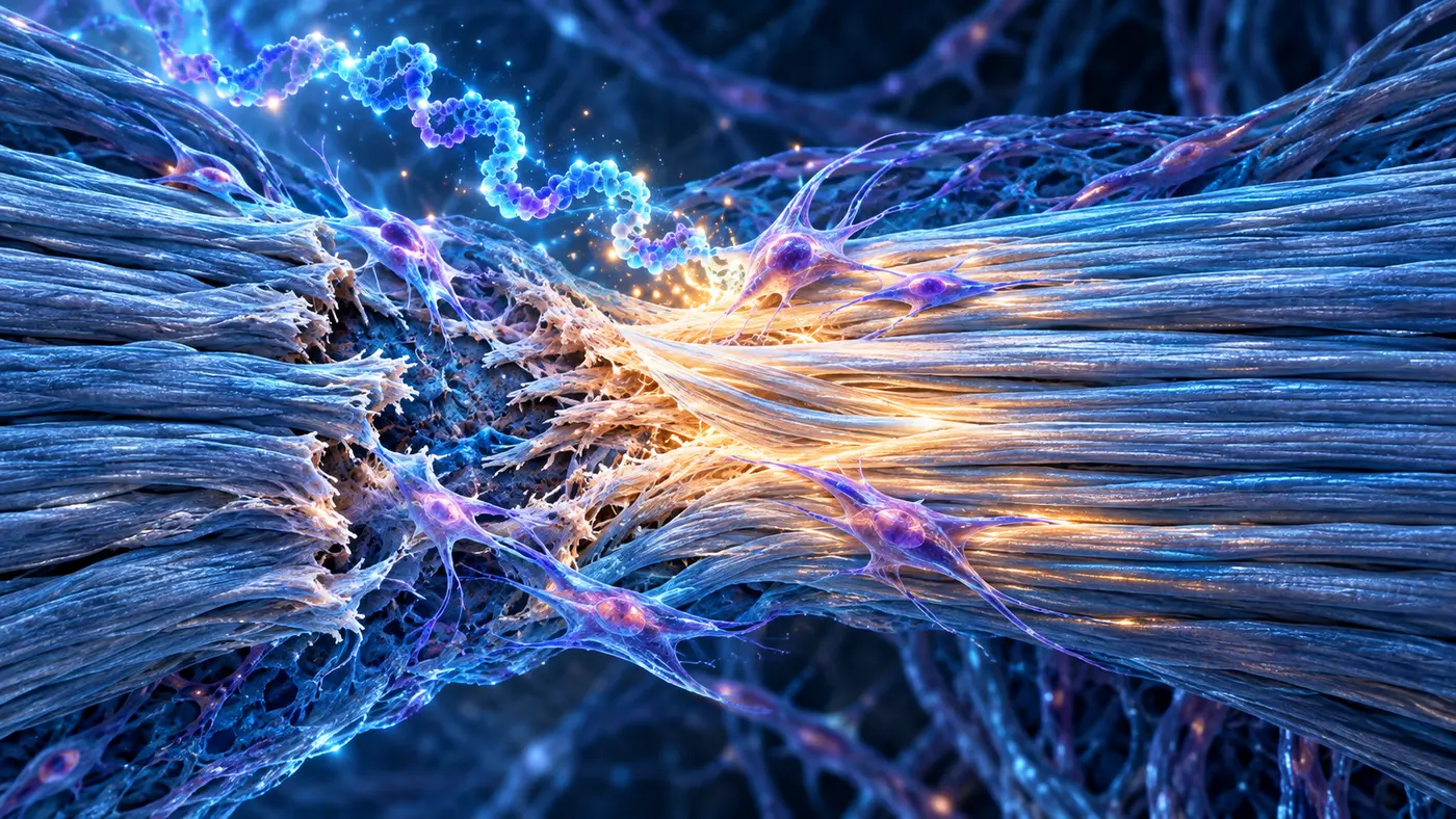 Microscopic collagen fibers bridging a tendon injury while fibroblast-like cells organize new connective tissue
