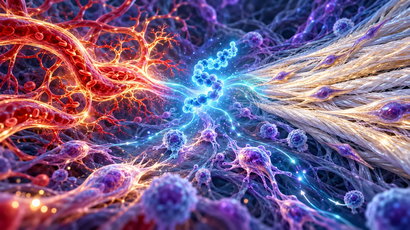 Glowing peptide coordinating microvascular growth, collagen fibers and migrating repair cells in a tissue matrix