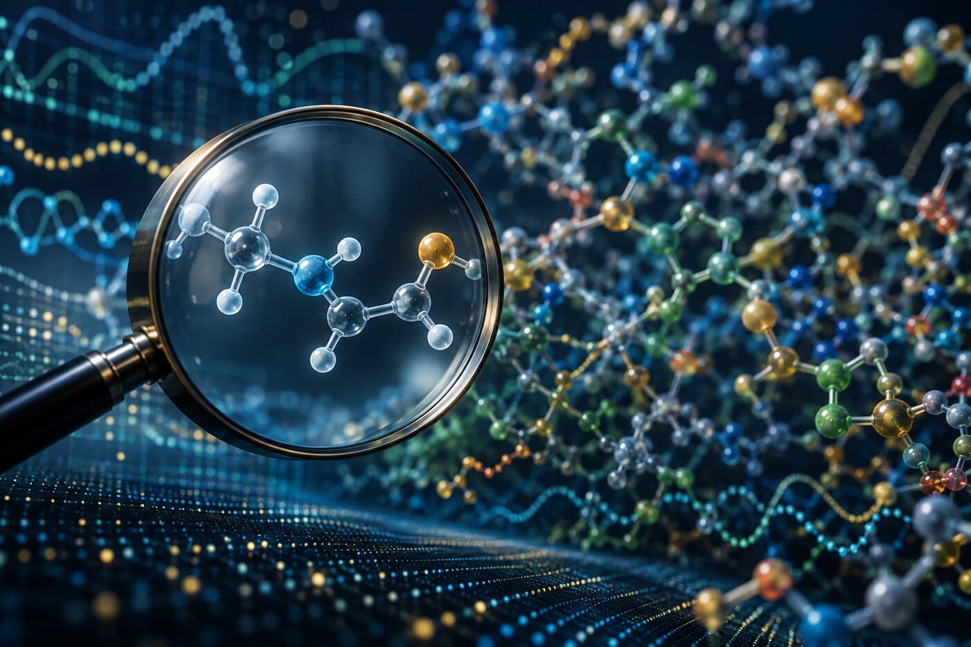 More Variables, More Uncertainty Magnifying glass isolating one molecular pathway from a complex network