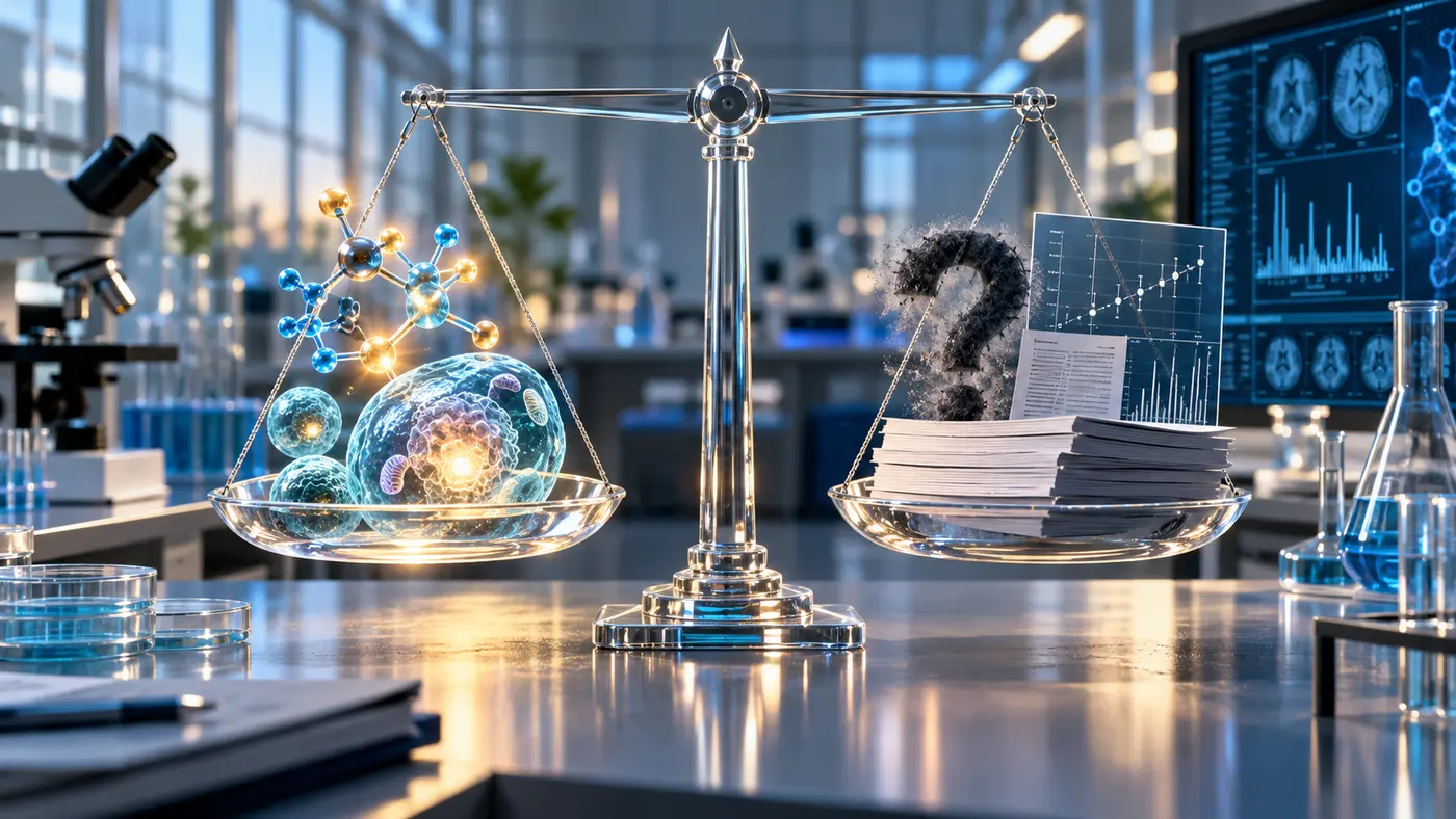 Laboratory balance scale weighing glowing cellular biology against research papers and unanswered questions