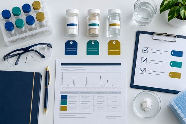 Laboratory samples with matching color-coded lot tags and analytical documentation