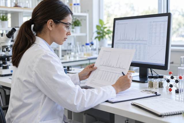 Laboratory analyst comparing a printed certificate of analysis with test data on a monitor