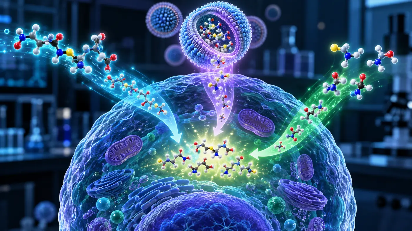 Three scientific pathways showing intact glutathione, liposomal delivery and amino acid precursors converging inside a human cell