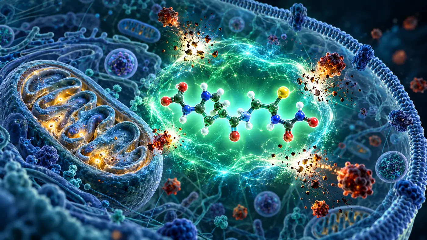 Glowing glutathione molecule forming a protective antioxidant shield beside mitochondria inside a human cell