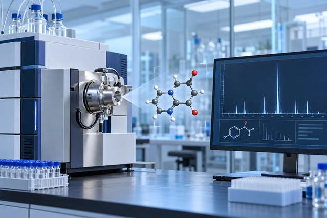 Mass spectrometry instrument analyzing molecular identity in a laboratory