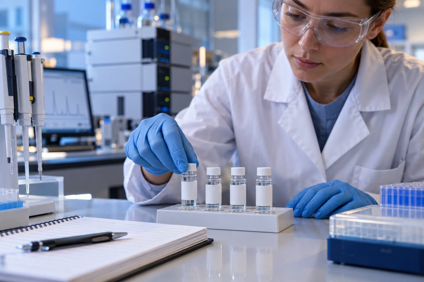 A Controlled Combination Experiment Laboratory researcher arranging four separate peptide study groups