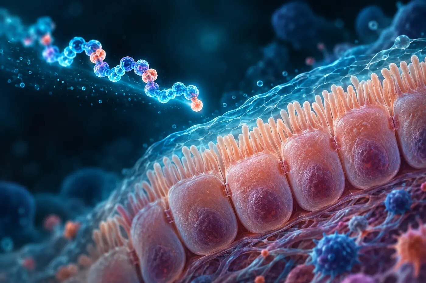Peptide chain approaching a protective layer of intestinal epithelial cells