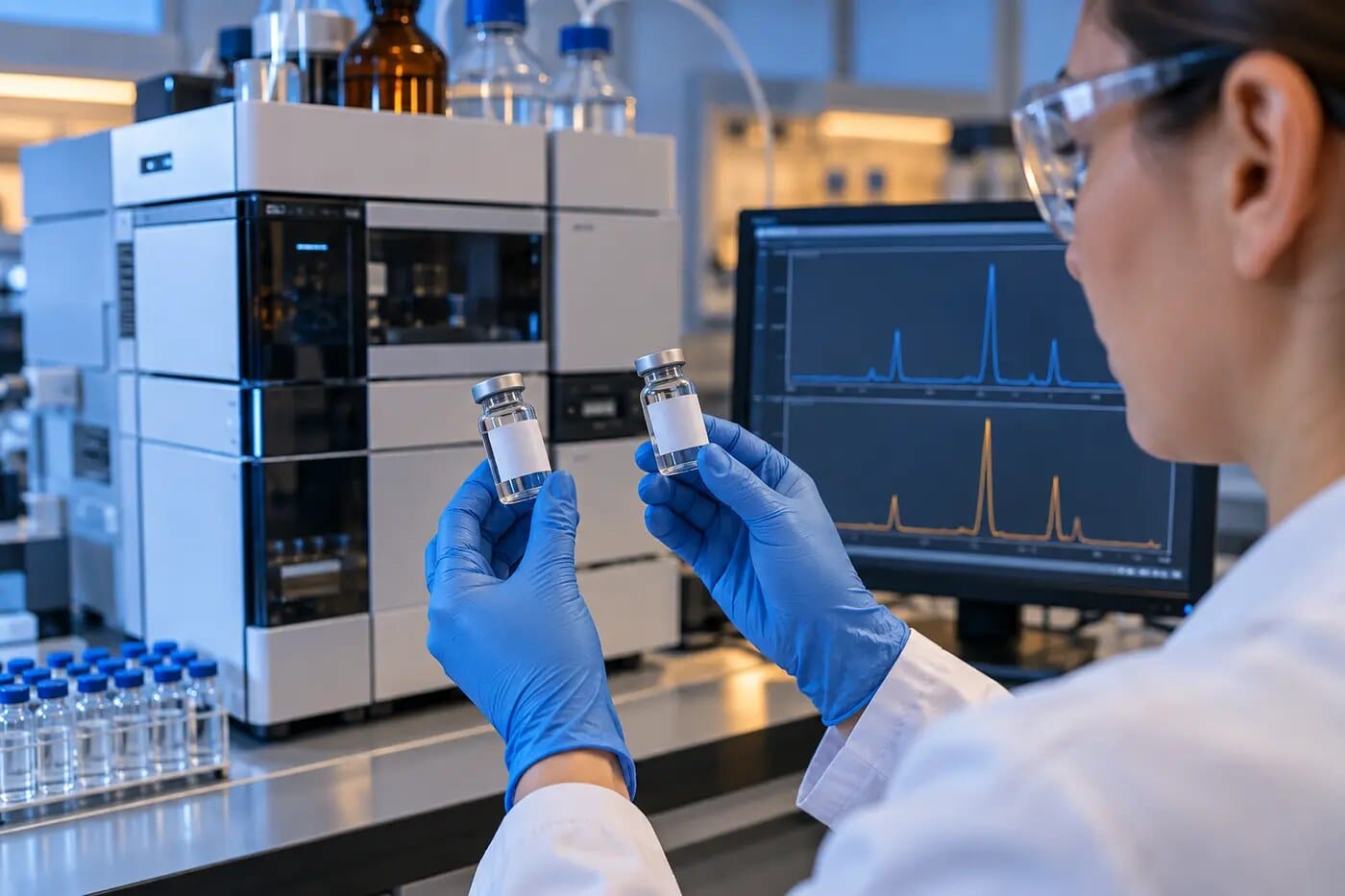 Laboratory scientist comparing two research vials using analytical testing equipment