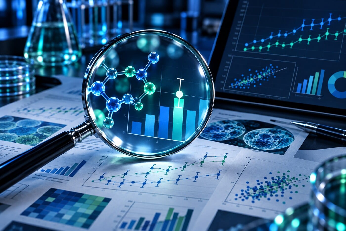Looking Beyond a Single Result Magnifying glass isolating a molecular structure and one research result