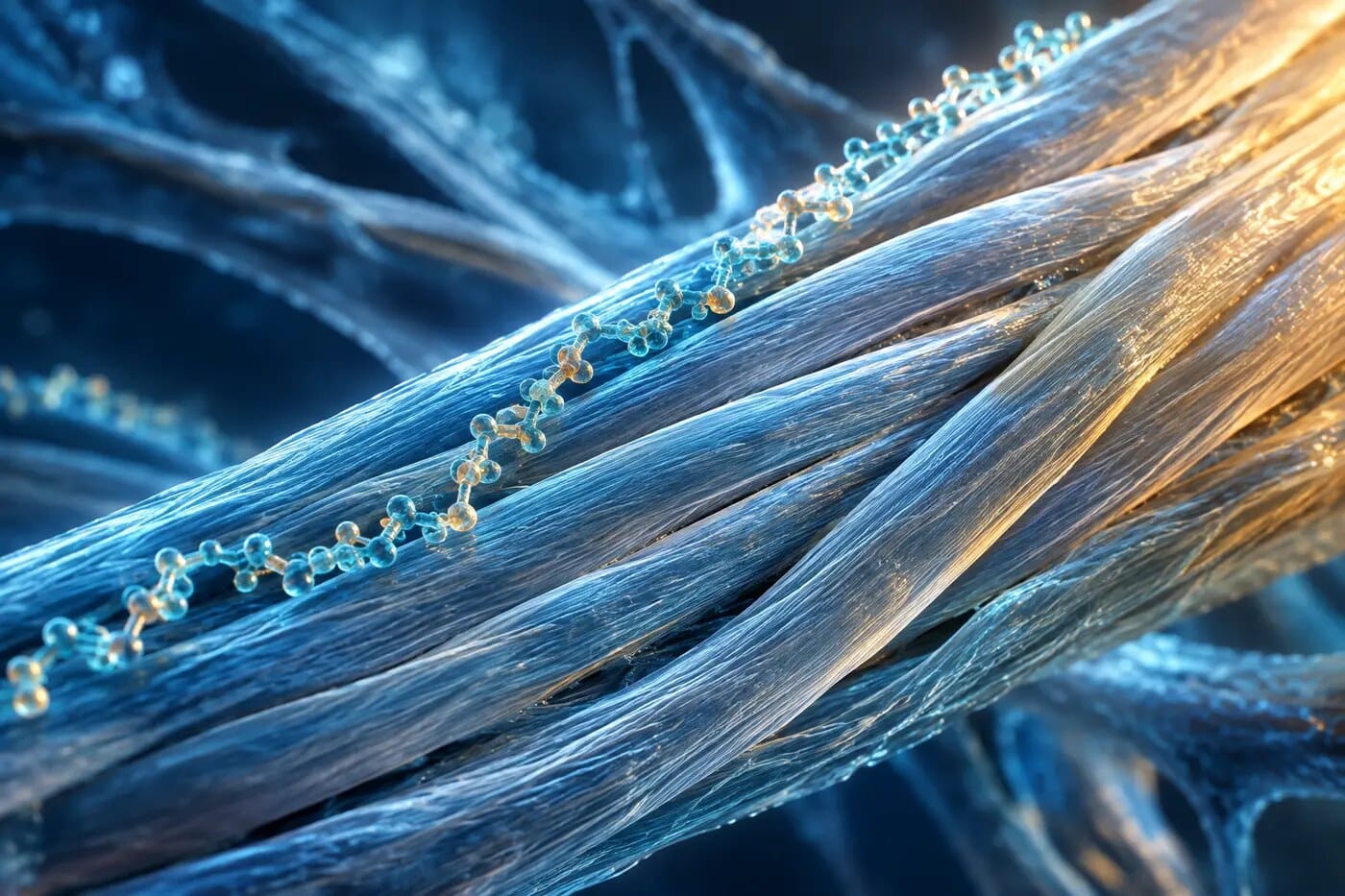 Peptide chain shown alongside organized collagen and connective tissue fibers
