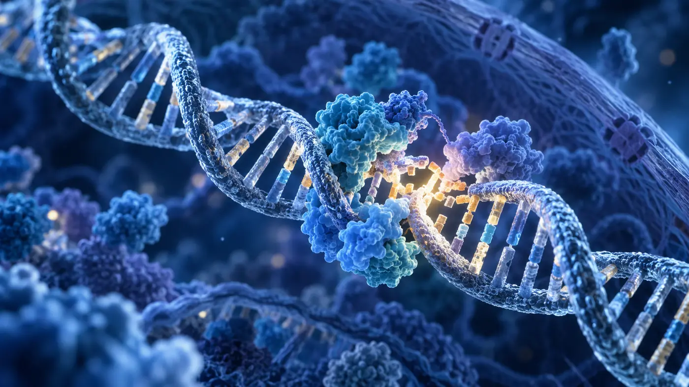 DNA double helix with molecular complexes working at a highlighted repair site