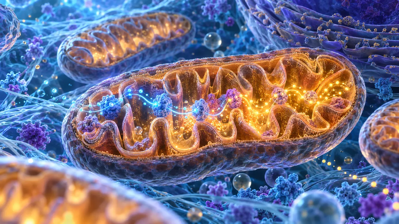Detailed mitochondria with illuminated electron-transfer pathways representing cellular energy metabolism