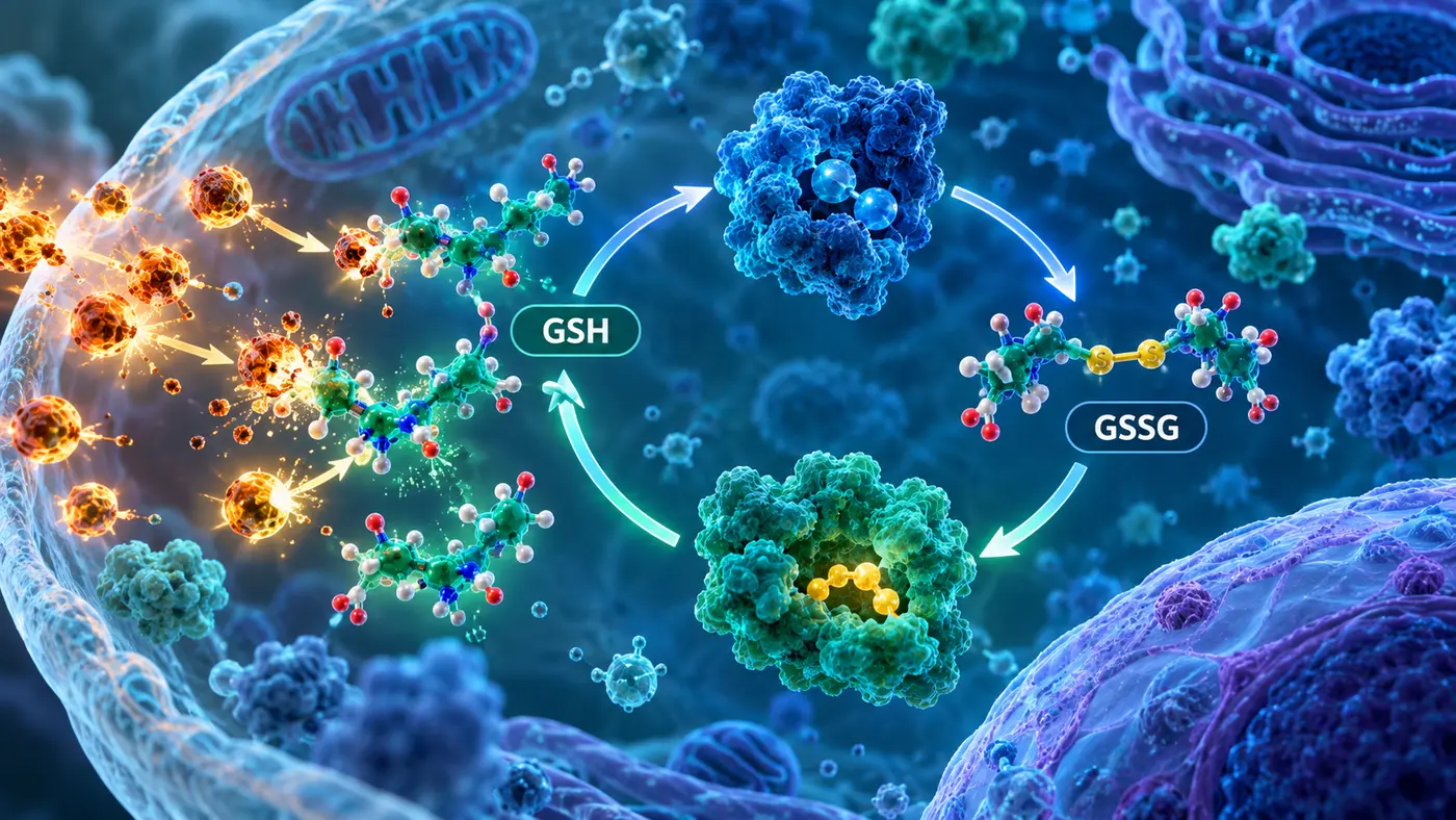 GSH and GSSG molecules cycling through an intracellular antioxidant recycling pathway