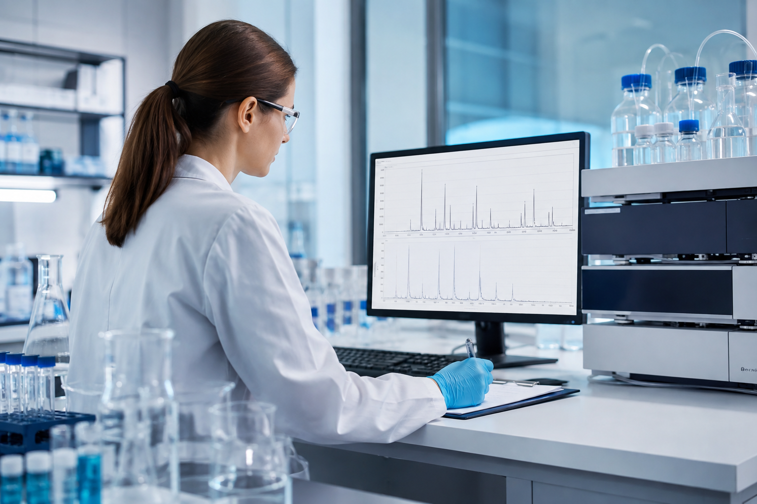Scientist reviewing peptide testing results on laboratory equipment