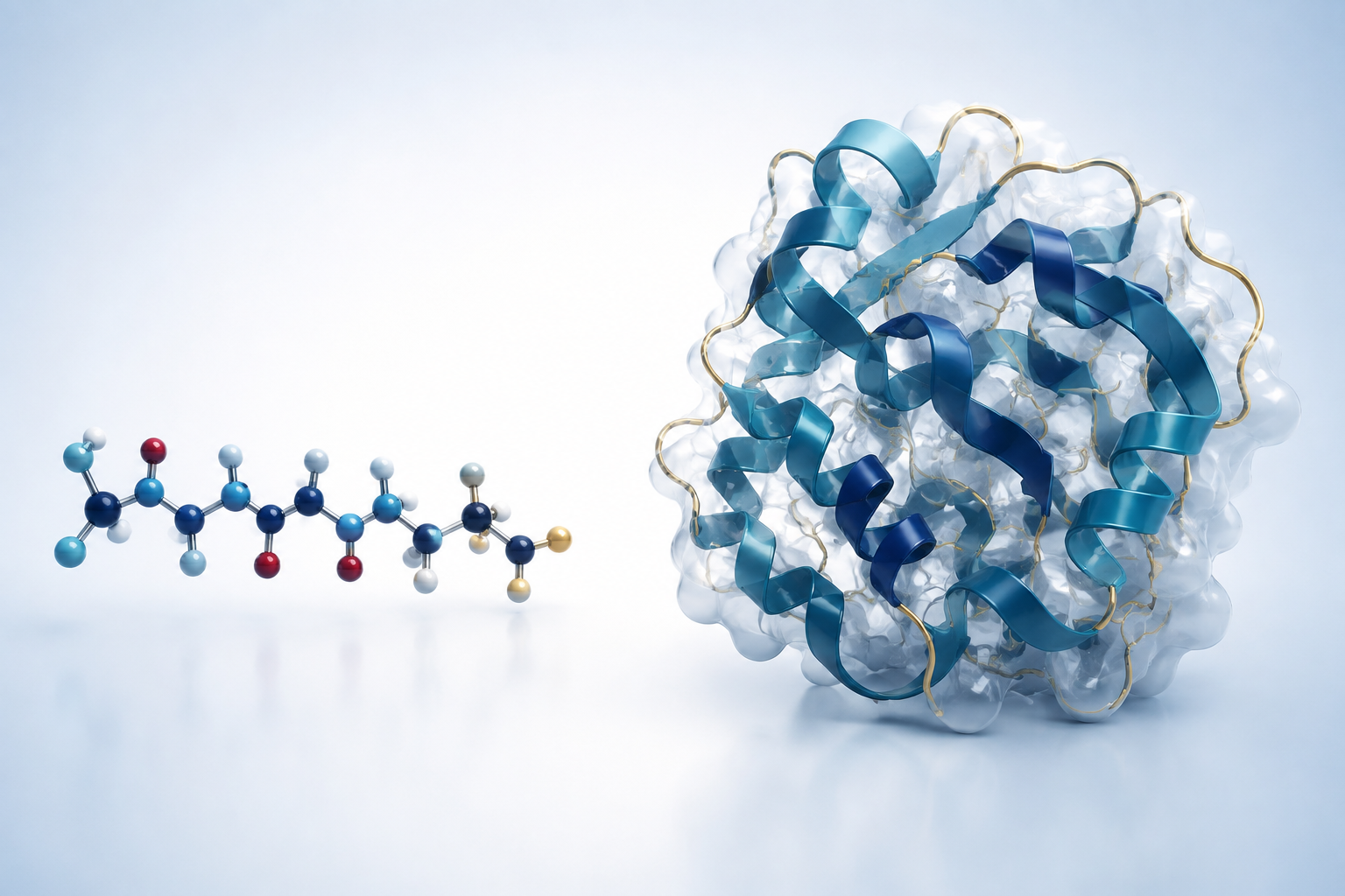 Illustration comparing a short peptide chain with a larger folded protein