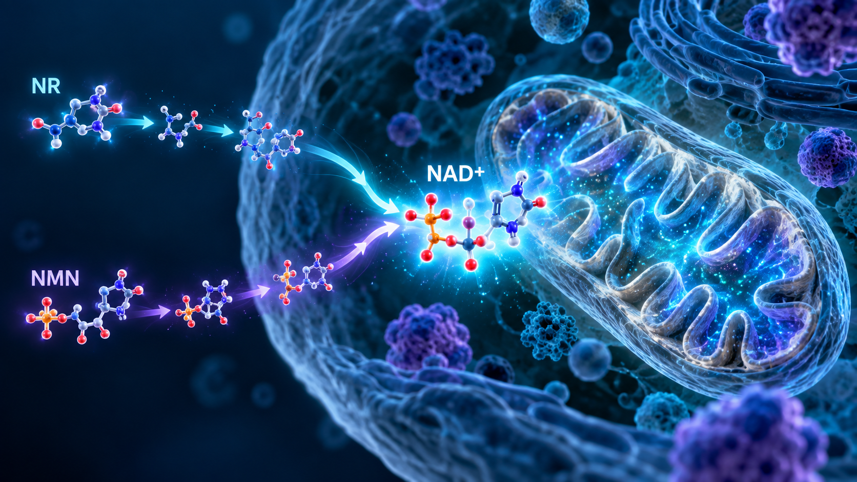 Scientific visualization showing NR and NMN precursor pathways converging on NAD+ inside a human cell.
