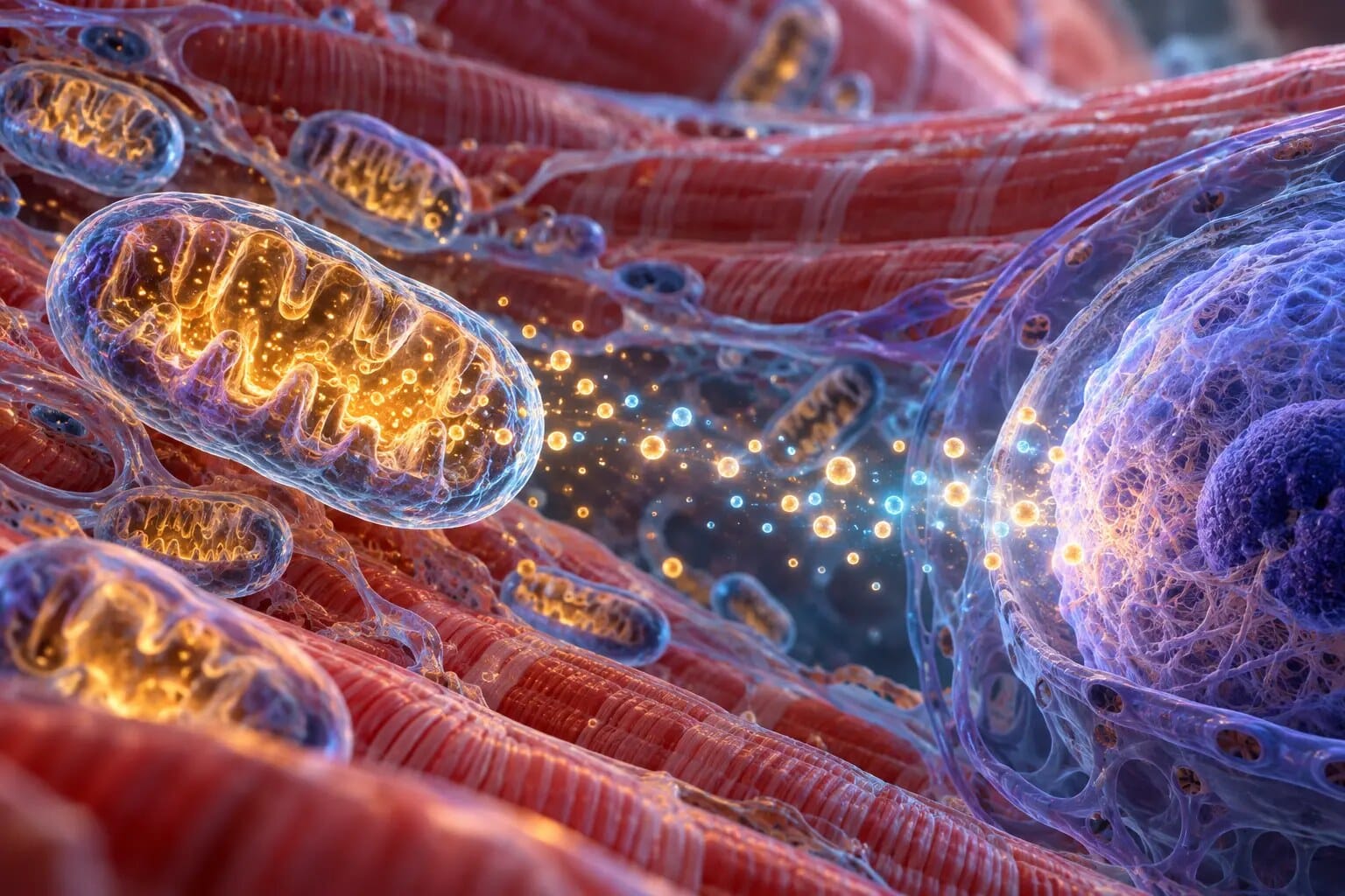 Mitochondrial Messenger Mitochondria sending luminous MOTS-c signals through healthy skeletal muscle toward a cell nucleus