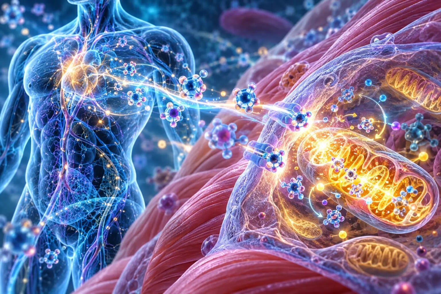 Metabolic Flexibility Scientific illustration of glucose particles, muscle cells and glowing mitochondria representing metabolic flexibility