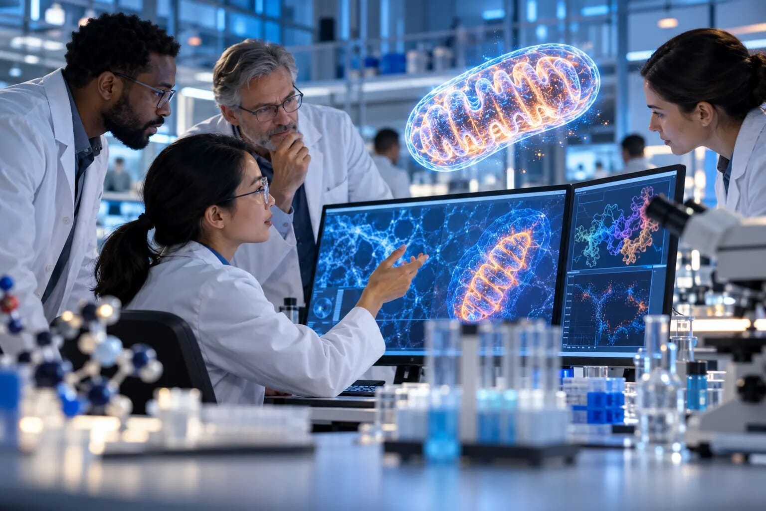 The MOTS-c Research Frontier Scientists reviewing mitochondrial and metabolic research data in a modern laboratory