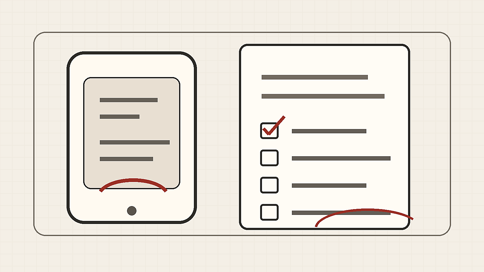 A quiet desk illustration with a phone and checklist for reviewing a message before sending