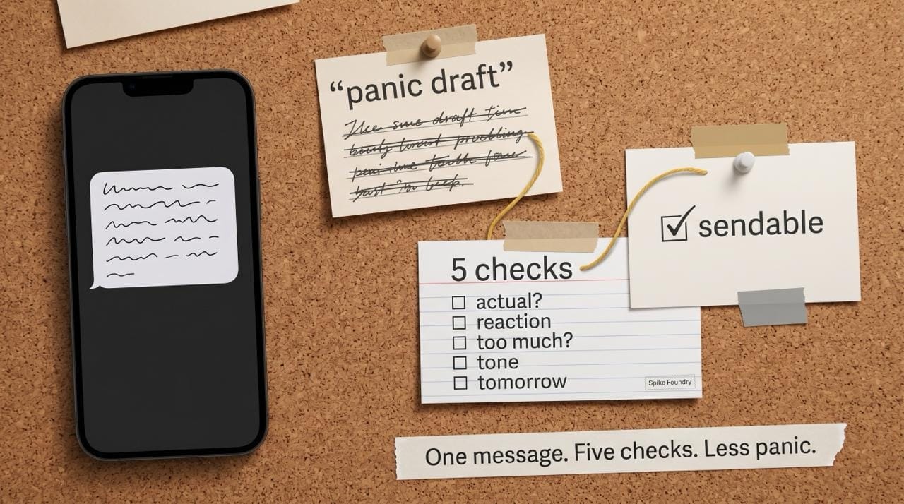 A realistic cork-board Spike Foundry hero showing a phone, panic draft, five checks, and a sendable message