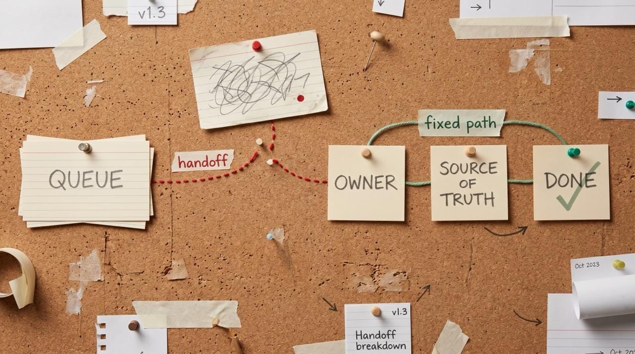 A realistic cork-board Spike Foundry hero showing a queue, broken handoff, owner, source of truth, and done cards