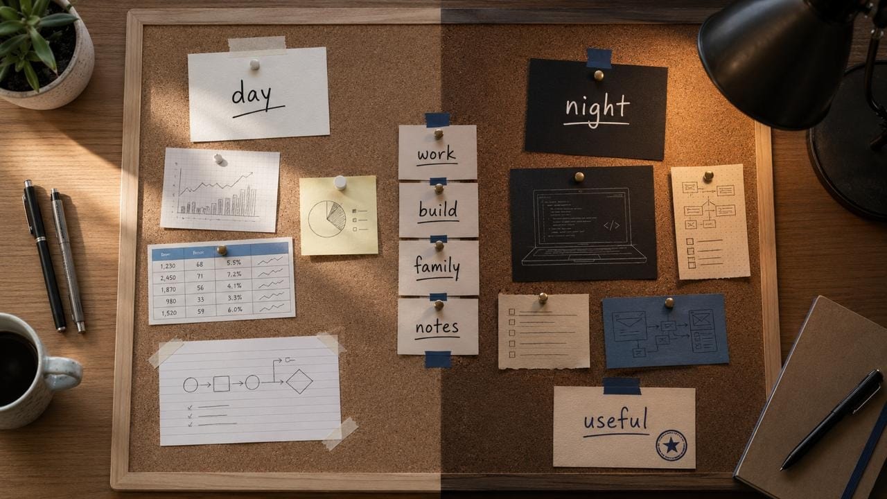 A realistic cork-board Spike Foundry hero split between day analyst notes and night builder notes