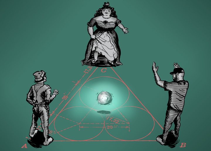 Three singing figures surrounding a glowing orb.