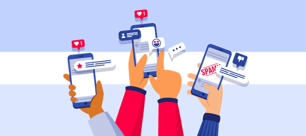 Colourful illustration of hands holding cell phones which display messages, emojis, social media likes and spam