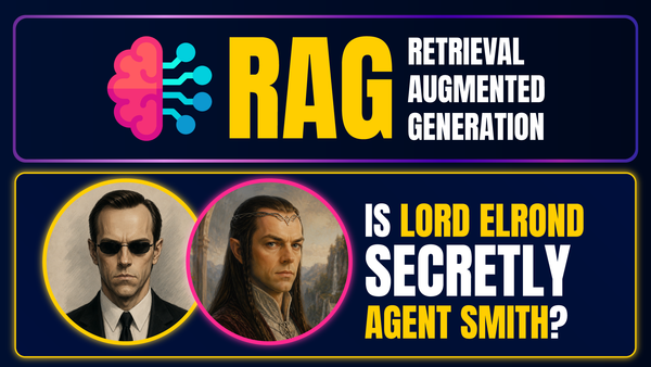 Agent Smith and Lord Elrond featured in a Retrieval-Augmented Generation (RAG) illustration for a Python tutorial using Ollama, LangChain, FAISS, investigating whether Elrond is Agent Smith.