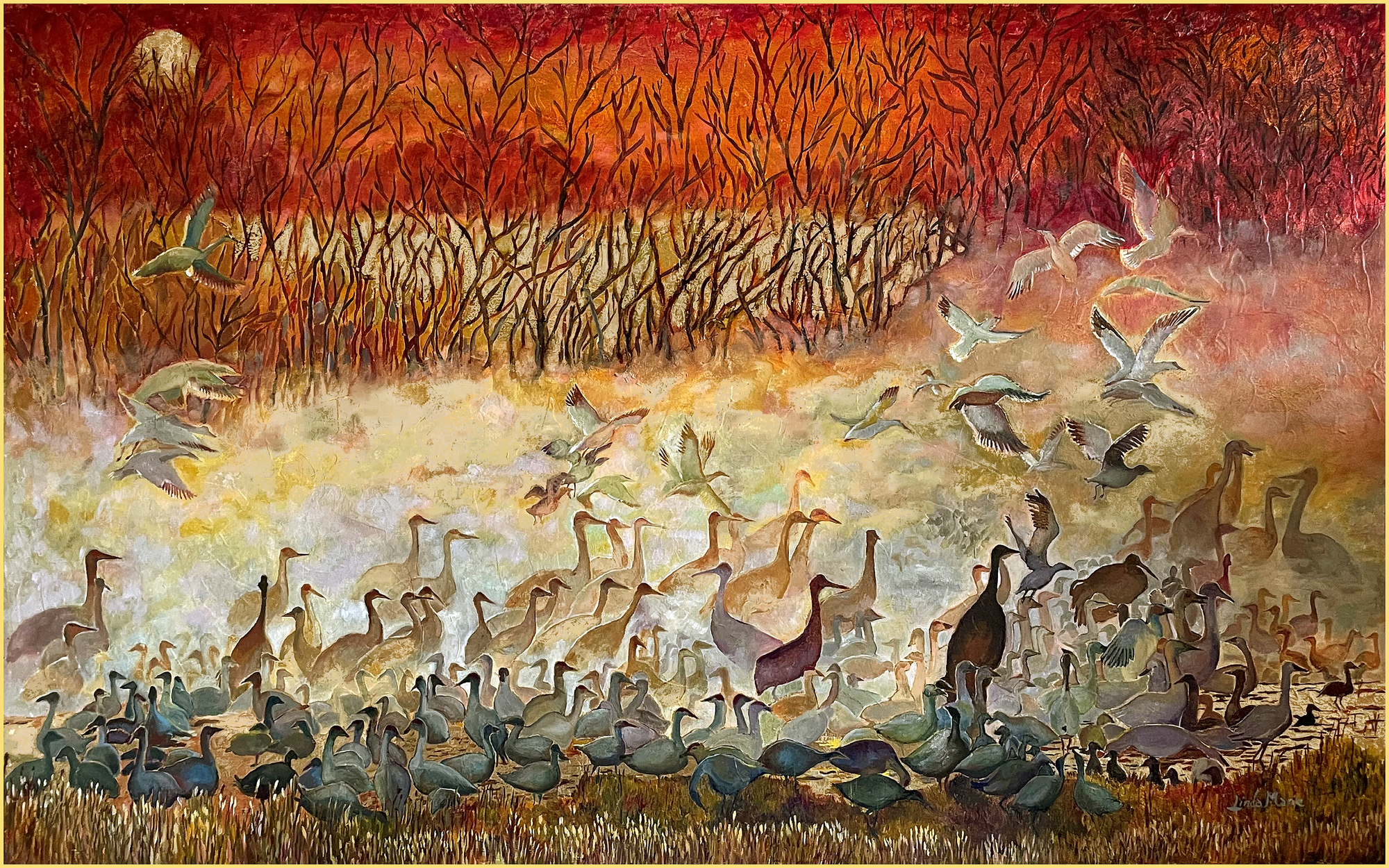 A painting of birds landing during sunset at the Bosque de Apache reserve.