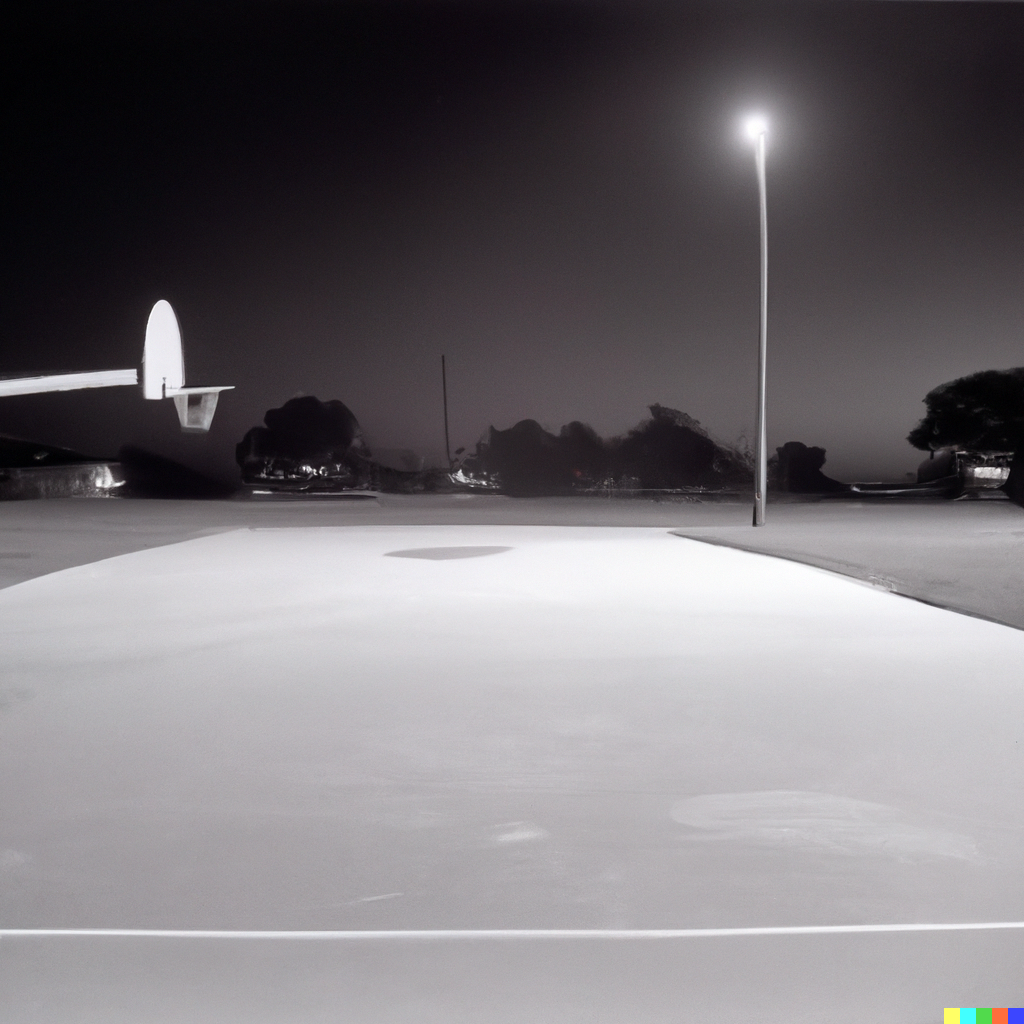 An empty basketball court at night in the style of Walker Evans