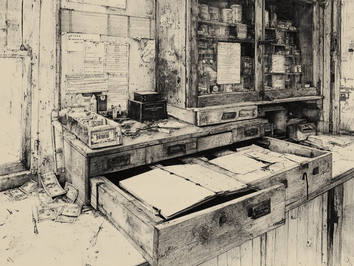 Please create a stippled black and white engraving on a sepia background of an old west town office in New Mexico during the Great Depression with a counter, and on the counter there is an empty cash box, an open ledger book with scribbles in it, and a few dollar bills scattered here and there. Please have the cash box drawer open, showing that the cash box is empty, perhaps robbed.
