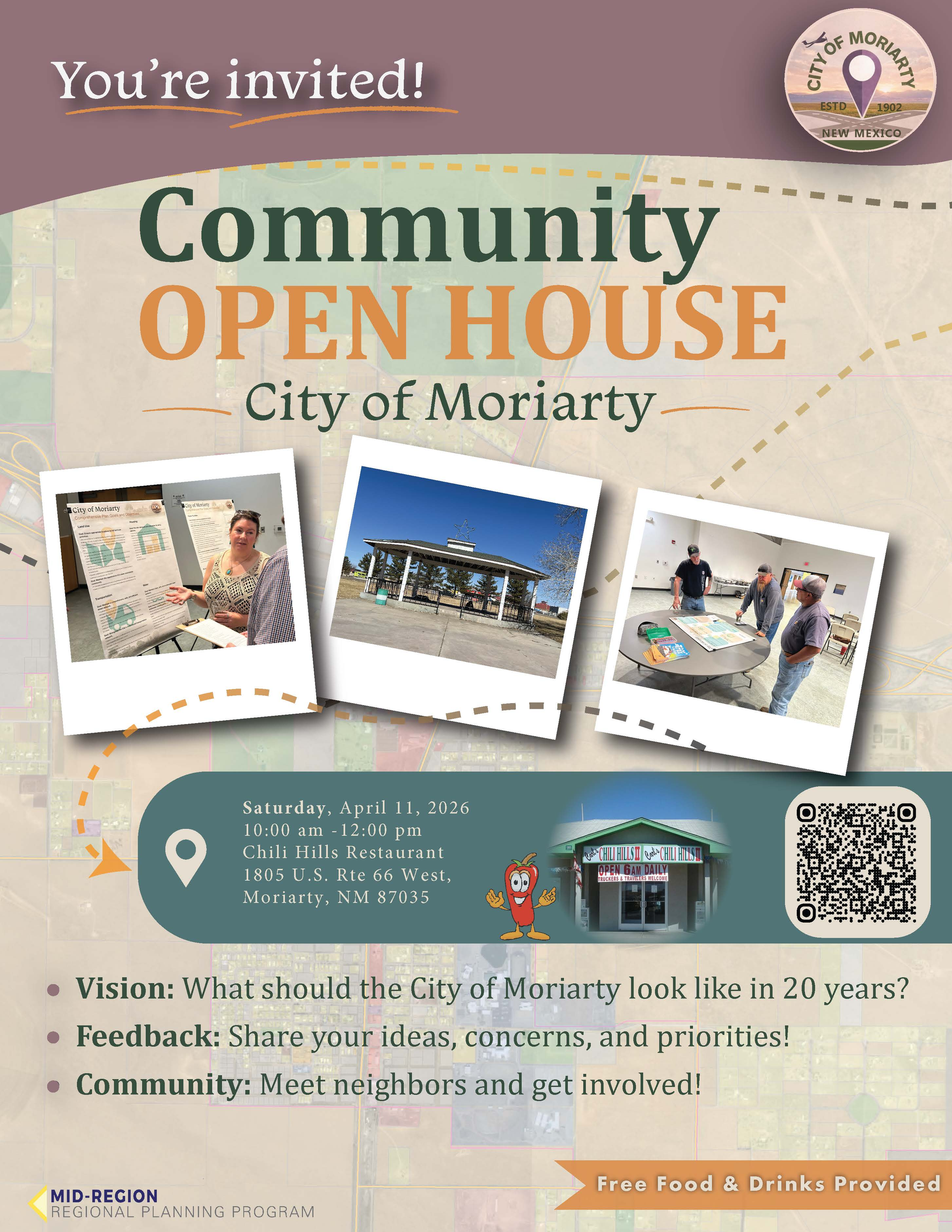 Moriarty Open House, by the City of Moriarty and the Mid-Region Council of Governments, Saturday, April 11, 2026, from 10:00 AM to 12:00 PM, Chili Hills Restaurant, 1805 US Rte 66 W, Moriarty, NM 87035