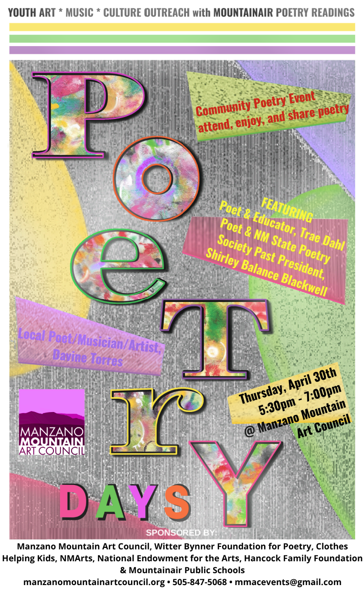 Poetry Days, April 30, 2026, from 5:30 PM to 7:00 PM, at the Manzano Mountain Art Council