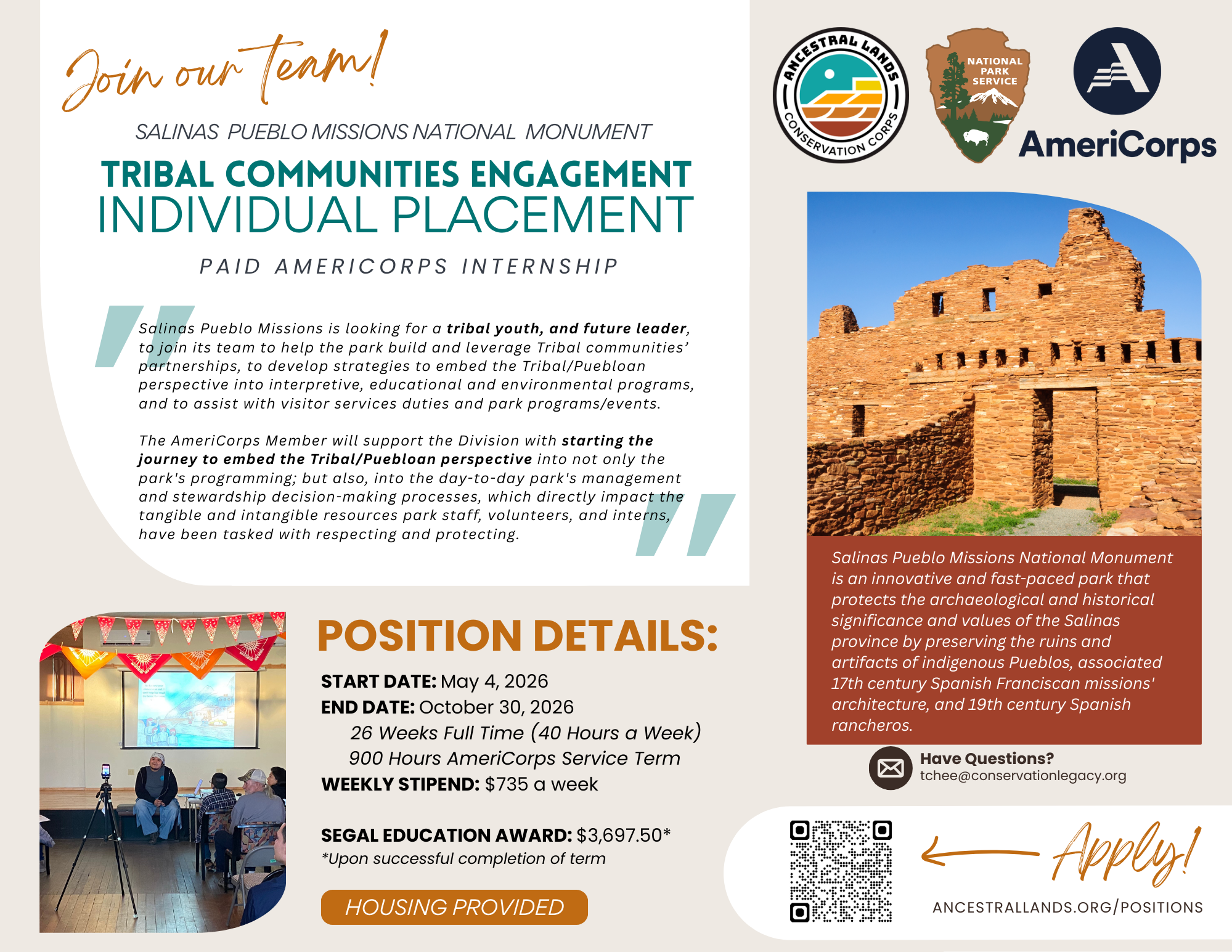 Salinas Pueblo Missions NM is hiring a Tribal Communities Engagement Intern