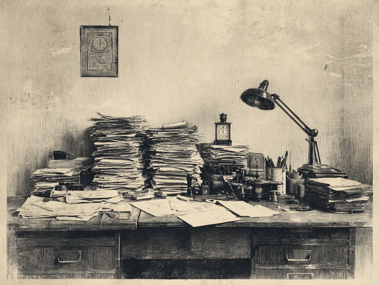 Illustration of a desk buried in paperwork