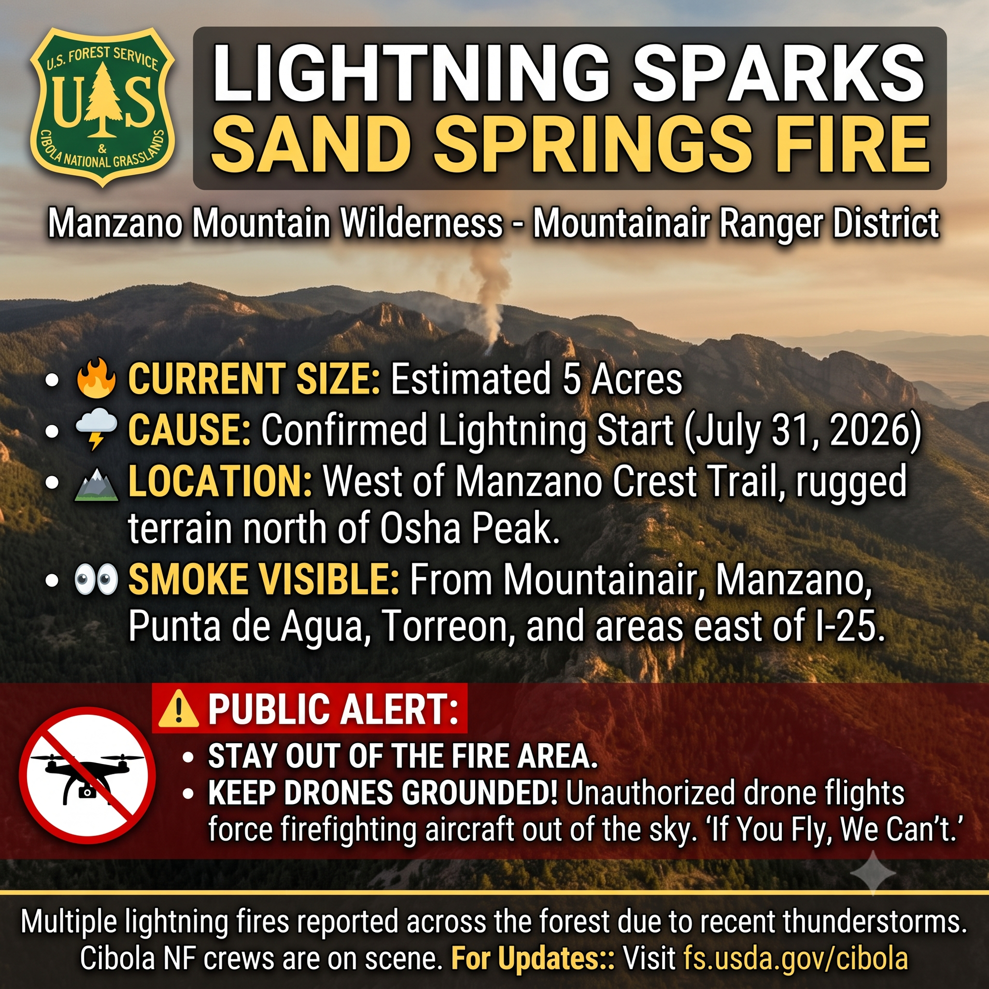 Lightning Sparks Sand Springs Fire in Manzano Mountain Wilderness, Smoke Visible From Mountainair