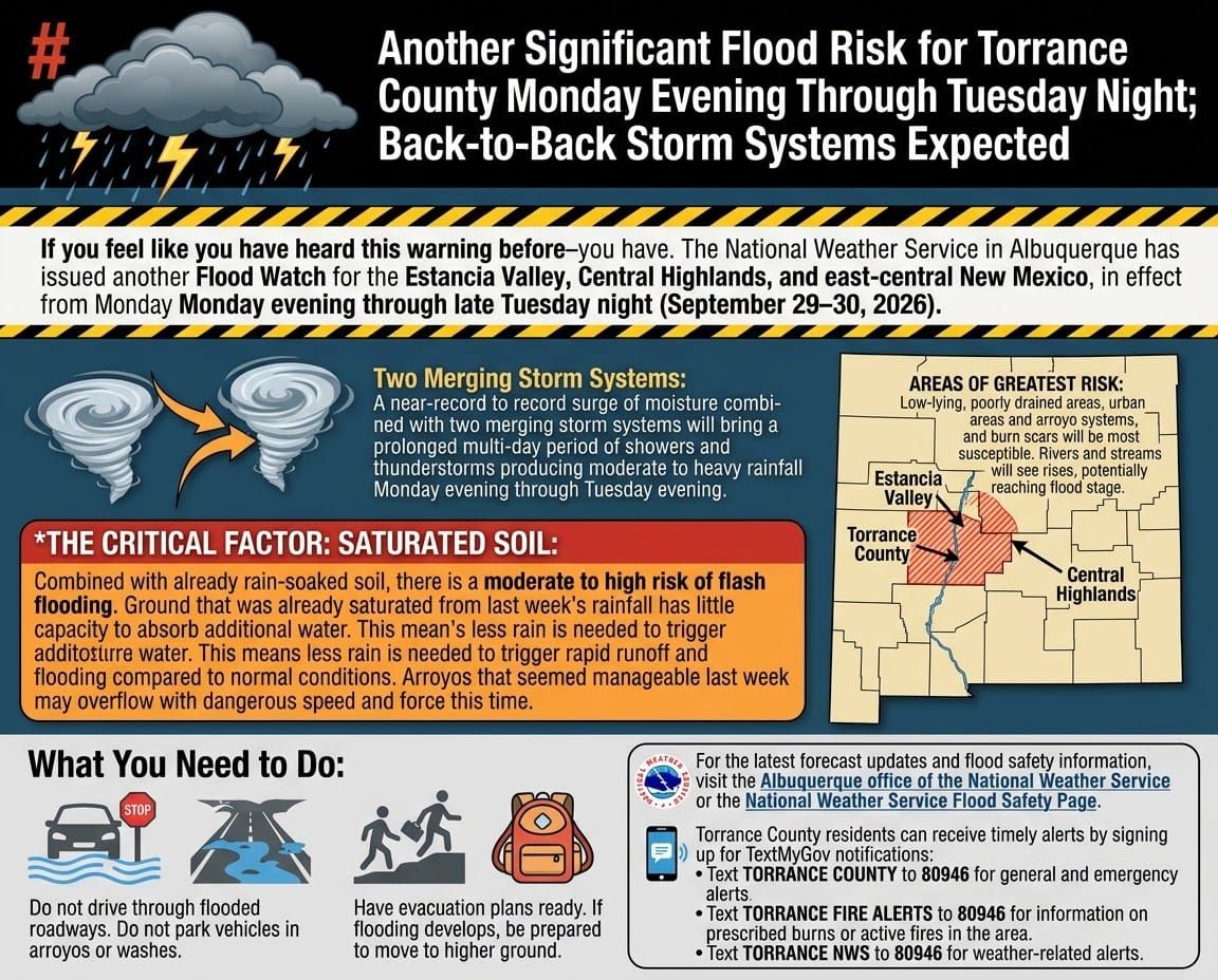 Another Significant Flood Risk for Torrance County Monday Evening Through Tuesday Night; Back-to-Back Storm Systems Expected