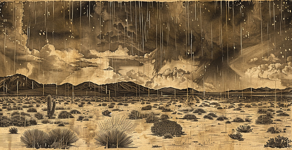Hard rain falling on a desert landscape