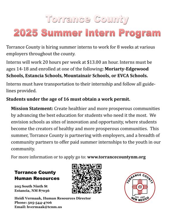 Torrance County Summer Internship Program open to Applications - NOW CLOSED