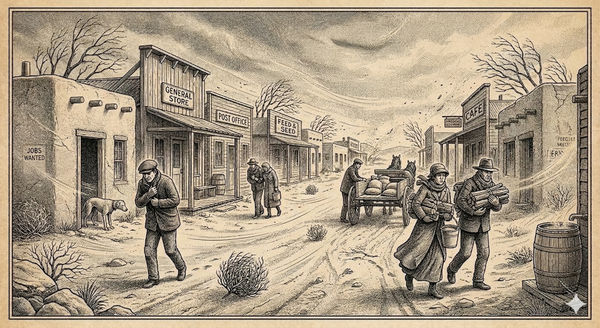 a stippled black and white engraving on a sepia background of the weather conditions in this weather alert affecting a New Mexico town during the Great Depression; ai generated