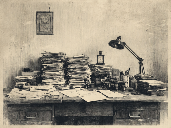 Illustration of a desk buried in paperwork