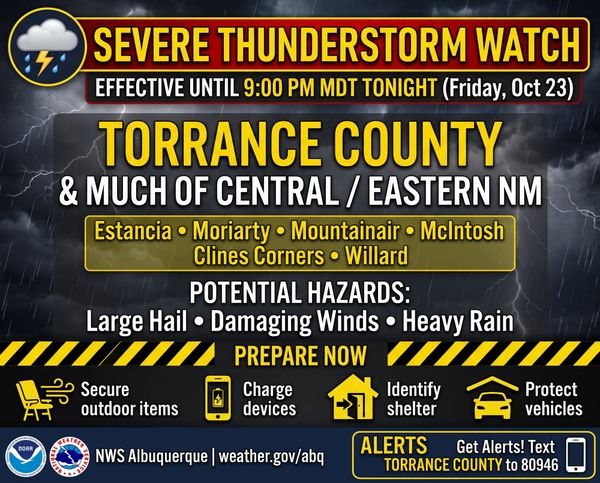 Severe Thunderstorm Watch Covers Torrance County Until 9 PM as Storms Remain Possible
