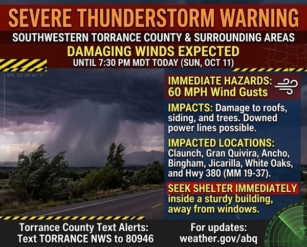 Severe Thunderstorm Warning for Southwestern Torrance County; Damaging Winds Expected